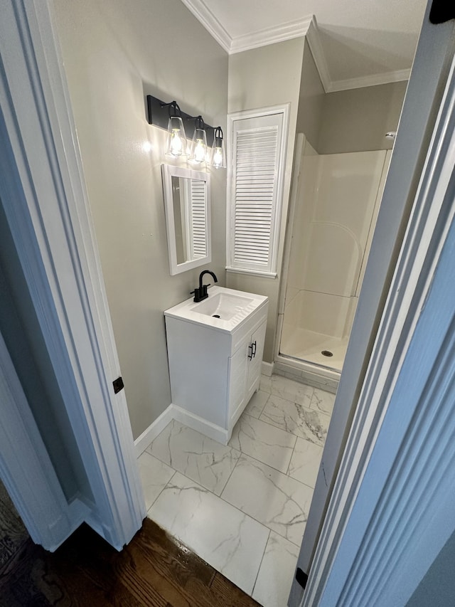 bathroom featuring a shower, vanity, and ornamental molding