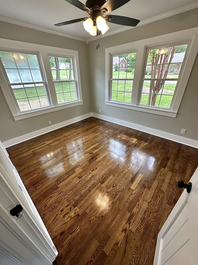 spare room featuring ceiling fan, hardwood / wood-style floors, a healthy amount of sunlight, and ornamental molding