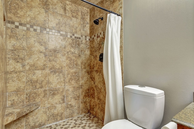 bathroom with vanity, toilet, and a shower with curtain