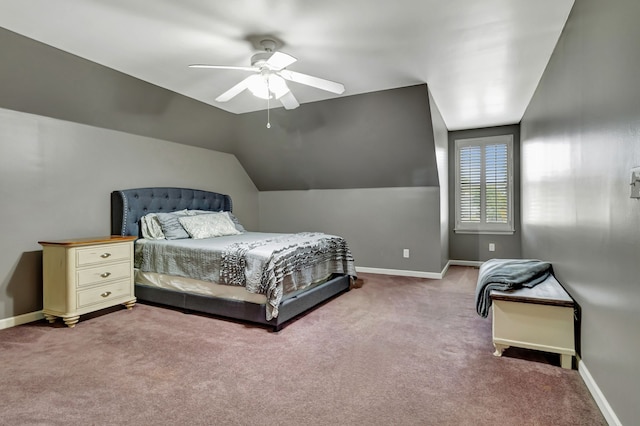 carpeted bedroom with lofted ceiling and ceiling fan