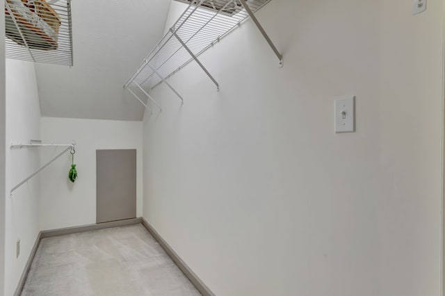 spacious closet featuring light colored carpet