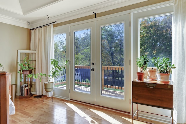 doorway featuring light hardwood / wood-style floors, french doors, ornamental molding, and a wealth of natural light