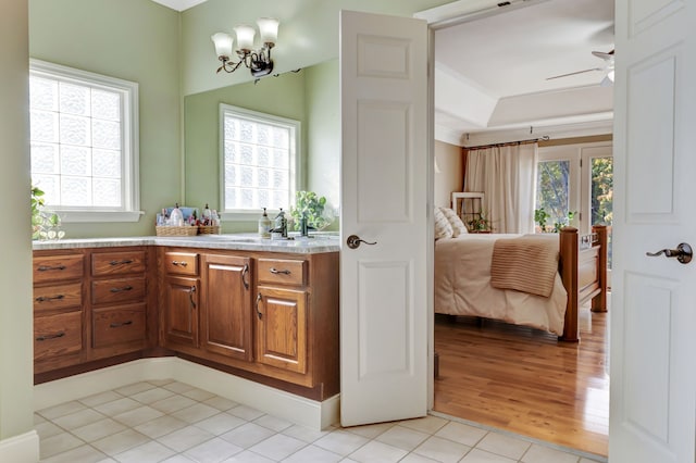 bathroom with vanity, hardwood / wood-style flooring, plenty of natural light, and ceiling fan with notable chandelier