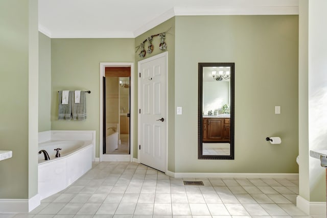 bathroom with ornamental molding, independent shower and bath, and tile patterned floors