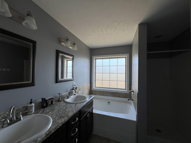 bathroom featuring a textured ceiling, a washtub, and vanity