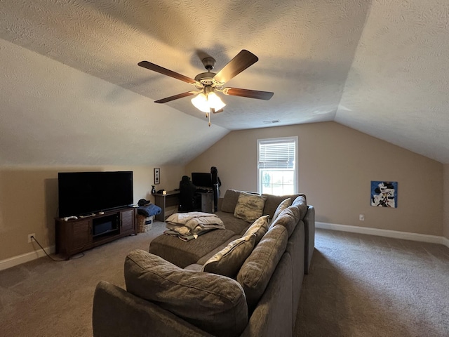 carpeted living room with a textured ceiling, ceiling fan, and vaulted ceiling