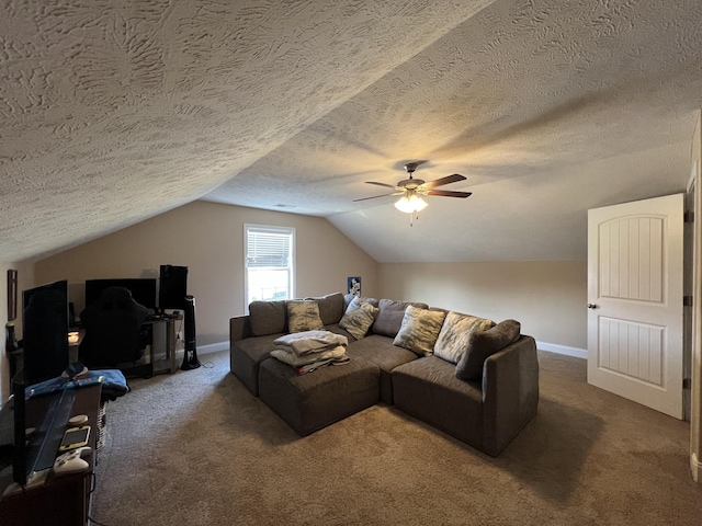 living room with a textured ceiling, ceiling fan, vaulted ceiling, and carpet floors