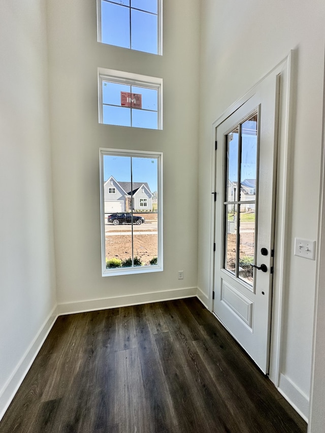 foyer with dark hardwood / wood-style floors and a towering ceiling