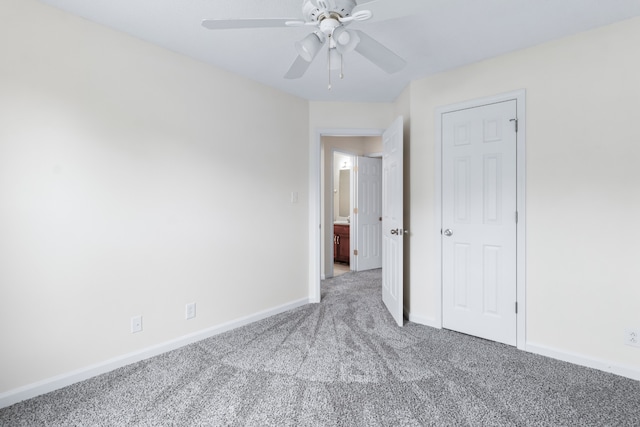 unfurnished bedroom with carpet and ceiling fan