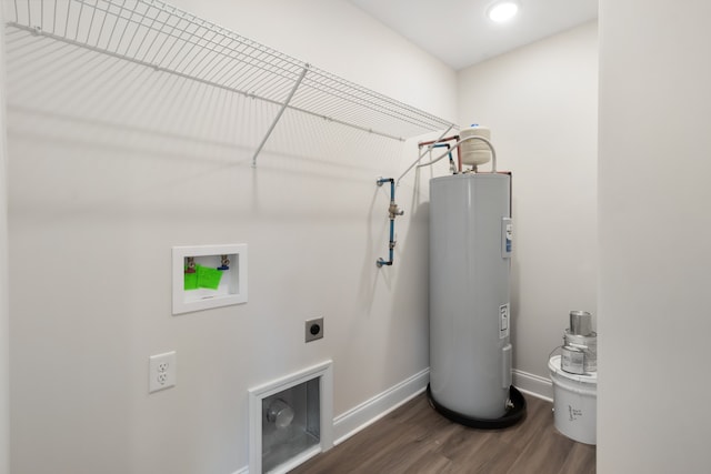 washroom featuring water heater, hookup for a washing machine, electric dryer hookup, and dark hardwood / wood-style flooring