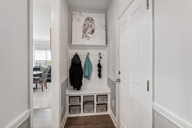 mudroom with dark hardwood / wood-style floors