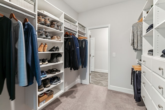 walk in closet featuring light carpet