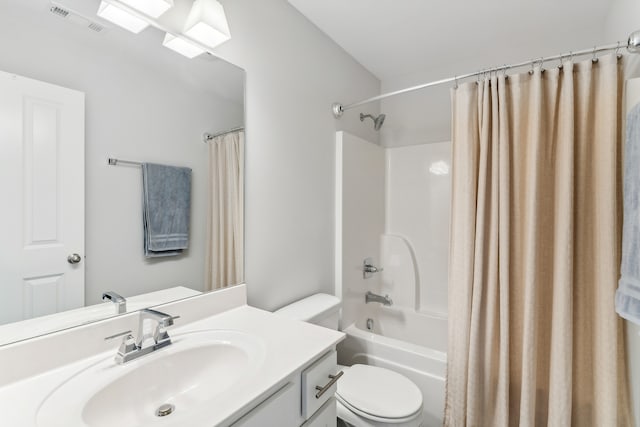 full bathroom with vanity, toilet, and shower / bathtub combination with curtain