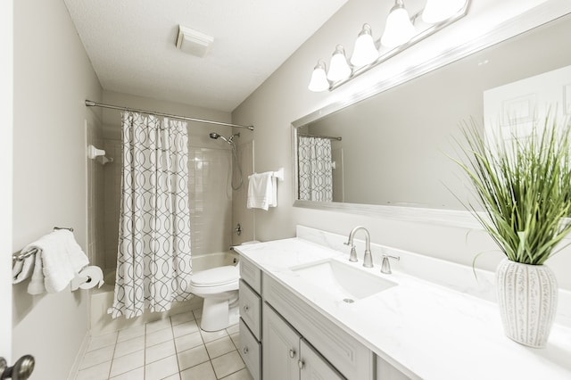 full bathroom featuring toilet, shower / tub combo, a textured ceiling, vanity, and tile patterned flooring