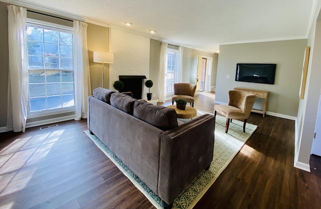 living room featuring dark hardwood / wood-style flooring, crown molding, and a fireplace