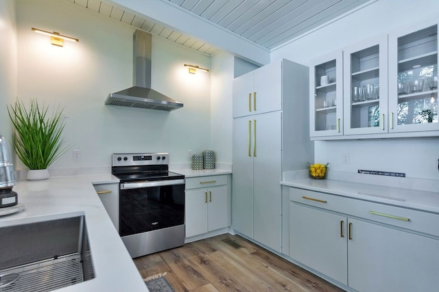 kitchen featuring hardwood / wood-style flooring, wall chimney range hood, wooden ceiling, and stainless steel electric range oven