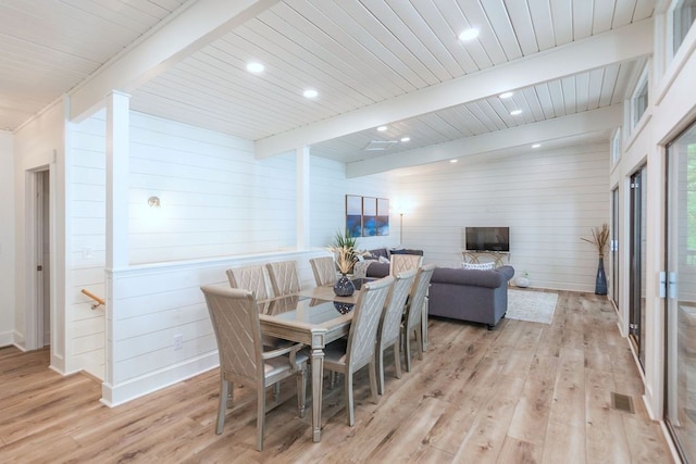 dining area featuring beam ceiling, light wood-type flooring, and wooden walls