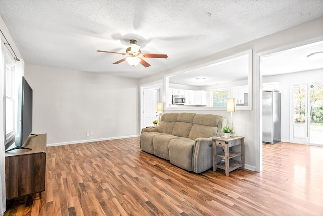 living room featuring hardwood / wood-style floors, a textured ceiling, and ceiling fan