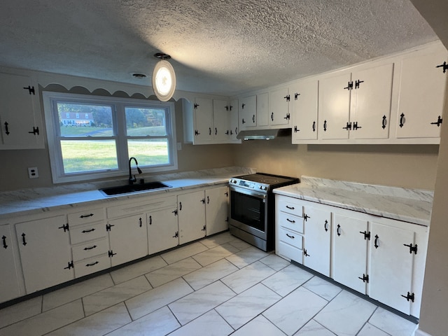 kitchen with white cabinetry, a textured ceiling, sink, and stainless steel range with electric cooktop