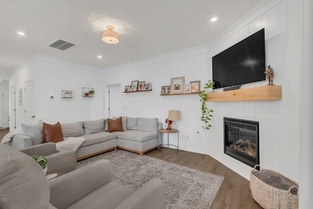 living room featuring ornamental molding, a fireplace, and dark hardwood / wood-style floors