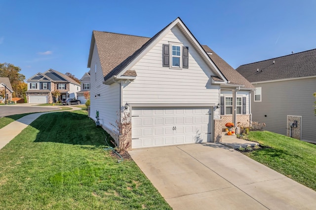 view of property exterior featuring a lawn and a garage