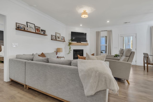 living room with ornamental molding, a fireplace, and light hardwood / wood-style floors