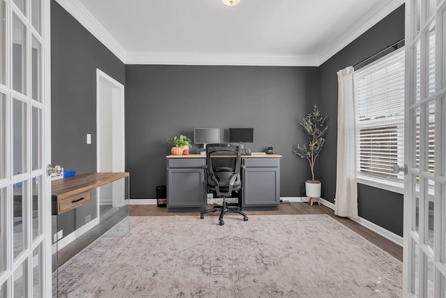 office space featuring french doors, ornamental molding, and dark wood-type flooring