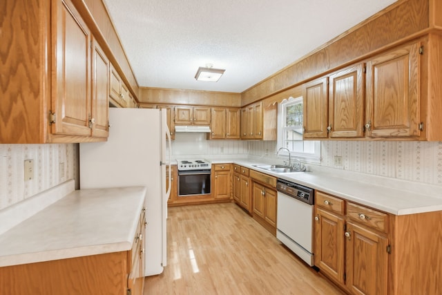 kitchen with white appliances, a textured ceiling, sink, and light hardwood / wood-style flooring