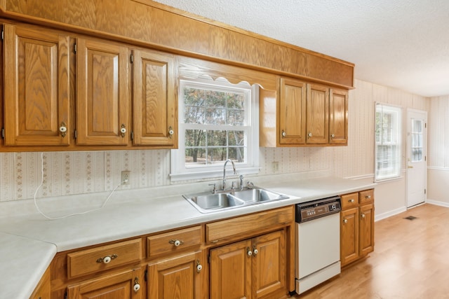 kitchen with white dishwasher, sink, and light wood-type flooring