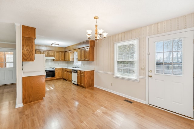 kitchen with white dishwasher, range with electric stovetop, hanging light fixtures, and light hardwood / wood-style flooring