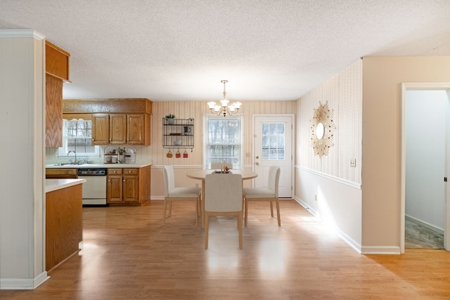 dining space featuring light hardwood / wood-style floors, a chandelier, and a healthy amount of sunlight