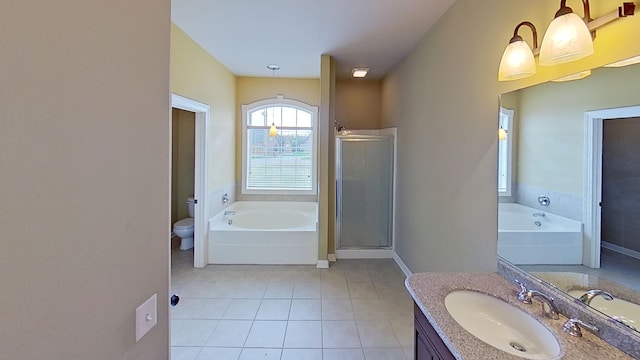 full bathroom with tile patterned flooring, a chandelier, toilet, vanity, and independent shower and bath