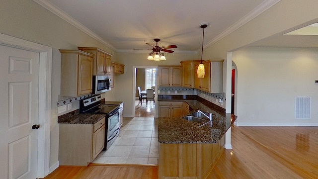 kitchen with ceiling fan, sink, kitchen peninsula, decorative backsplash, and appliances with stainless steel finishes