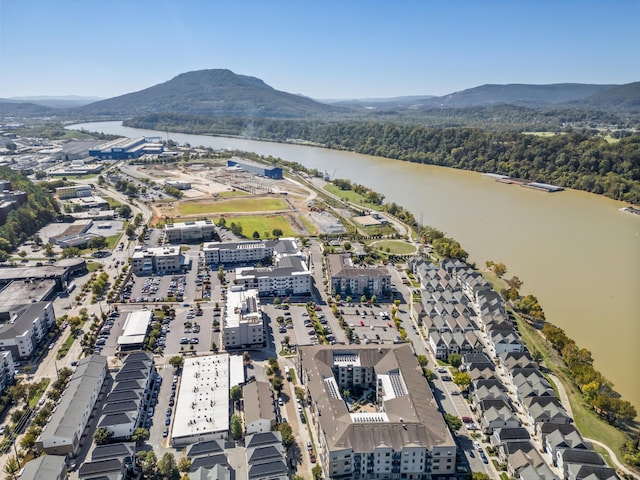 bird's eye view with a water and mountain view