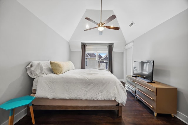 bedroom with ceiling fan, high vaulted ceiling, and dark hardwood / wood-style floors