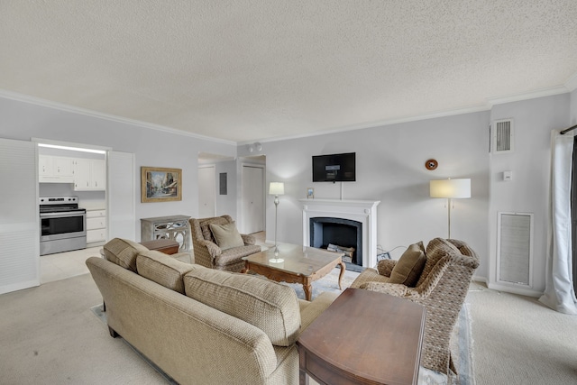 living room featuring ornamental molding, a textured ceiling, and light colored carpet