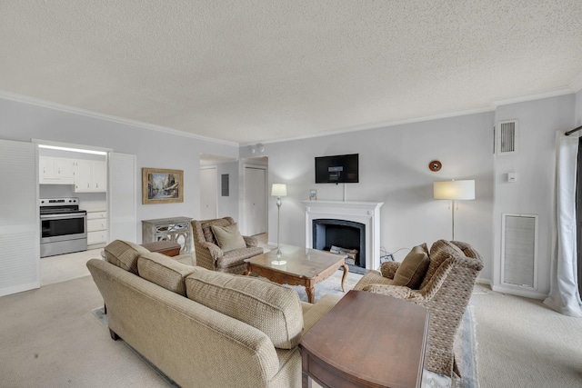 living area featuring crown molding, light carpet, a textured ceiling, and a fireplace