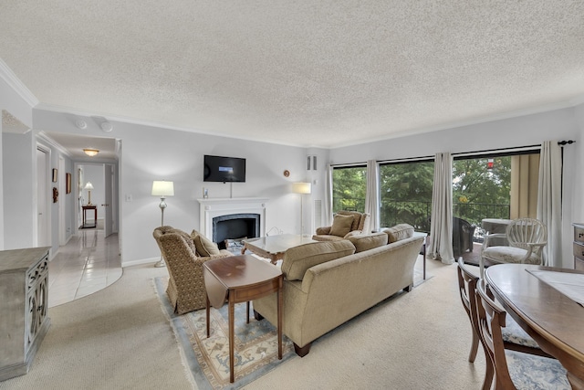 living room with ornamental molding, a textured ceiling, and light colored carpet