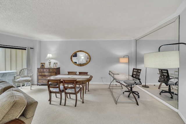 interior space featuring crown molding, a textured ceiling, and light colored carpet