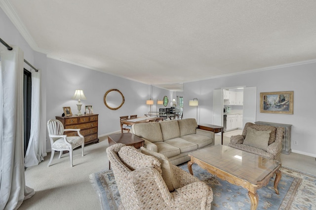 living area with crown molding, light colored carpet, baseboards, and a textured ceiling