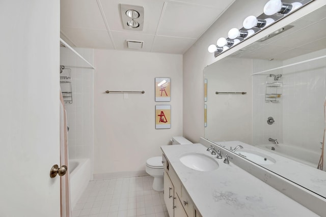 full bath featuring tub / shower combination, vanity, toilet, and baseboards