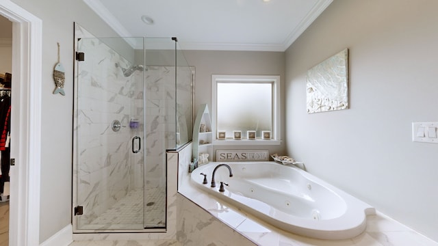 bathroom featuring separate shower and tub and crown molding