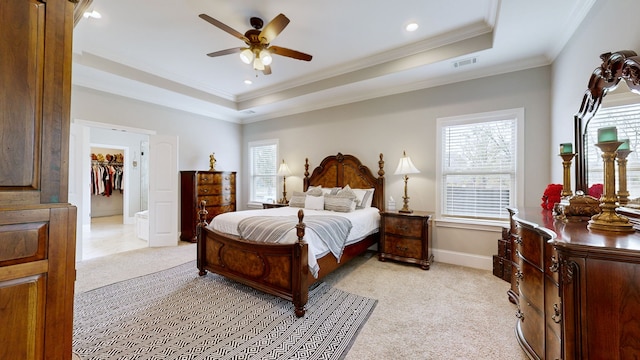 bedroom featuring a spacious closet, ceiling fan, multiple windows, and a raised ceiling