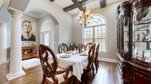 dining room featuring an inviting chandelier, dark hardwood / wood-style floors, beamed ceiling, and coffered ceiling