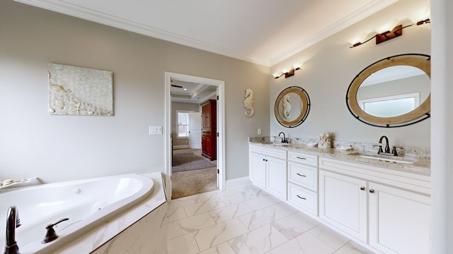 bathroom featuring vanity, a relaxing tiled tub, and crown molding