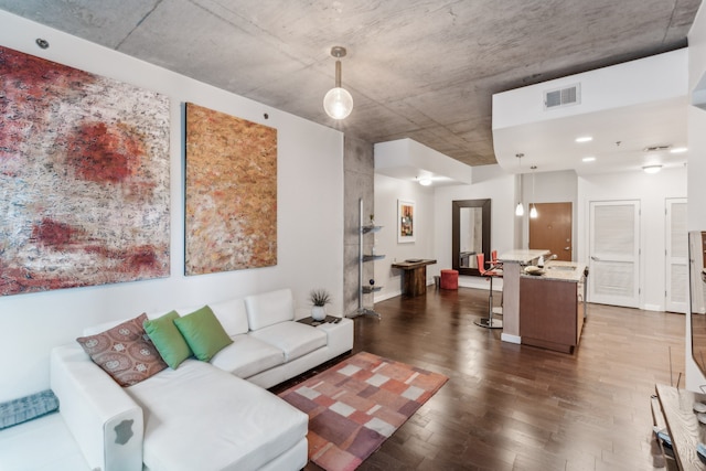 living room featuring dark wood-type flooring