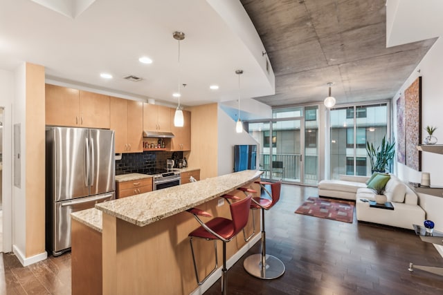 kitchen featuring decorative light fixtures, stainless steel appliances, dark wood-type flooring, and light stone counters