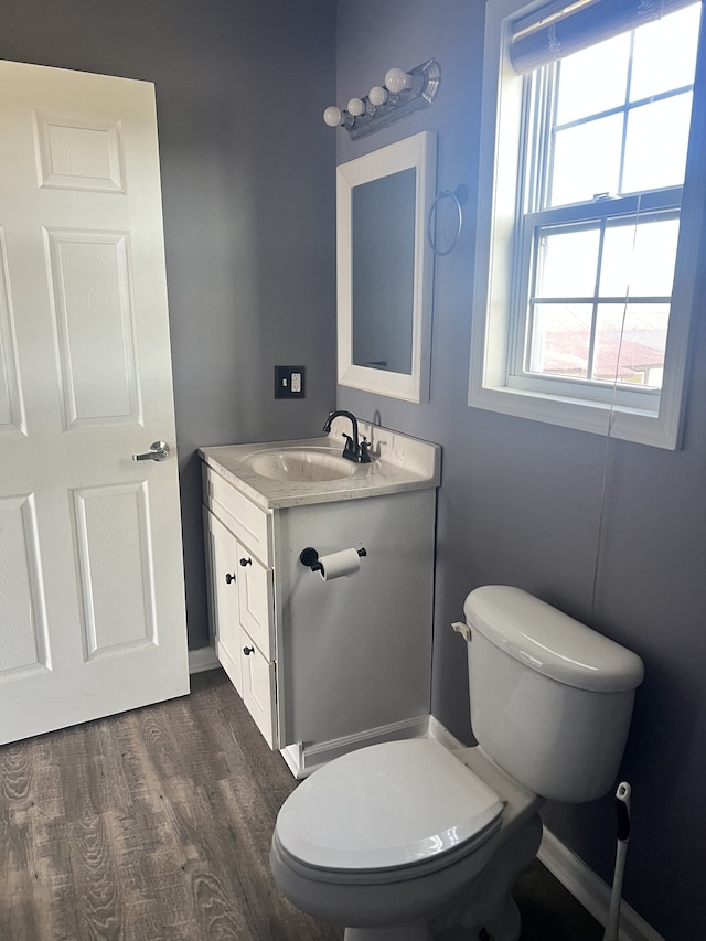 bathroom featuring vanity, hardwood / wood-style flooring, and toilet