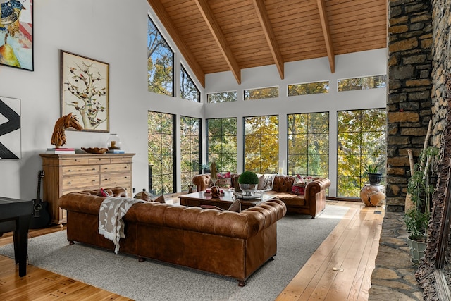 living room featuring beamed ceiling, hardwood / wood-style floors, wood ceiling, and high vaulted ceiling