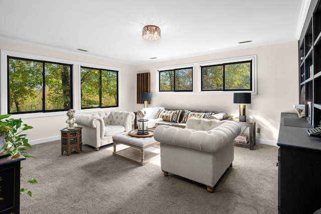 carpeted living room with ornamental molding